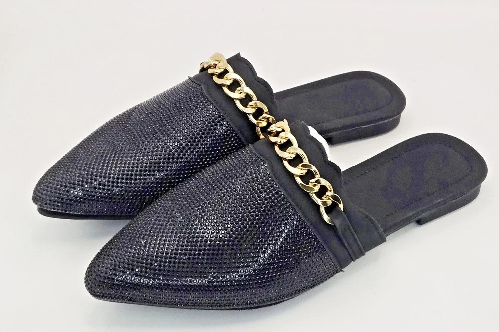 Women’s Pointed Toe Mule Flats Size 8 Black Rhinestone Gold Chain Slip On